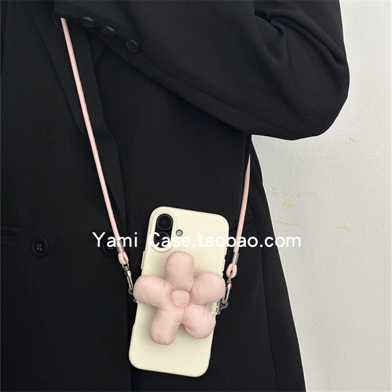 手机背夹斜挎挂绳ins韩风少女充棉羽绒花朵可爱潮甜美手机夹通用