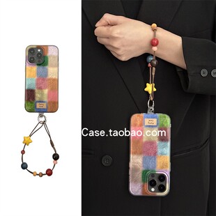 ins秋冬复古彩色星星棕绳手提适用16苹果15promax手机壳17promax简约小方格锡纸纹12高级感14防摔保护套