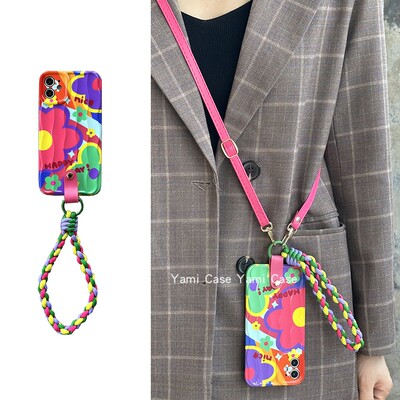 ins风多巴胺夏日彩色涂鸦花朵手工编织手绳适用苹果14promax手机壳13pro可爱12新款11斜挎挂绳14保护套