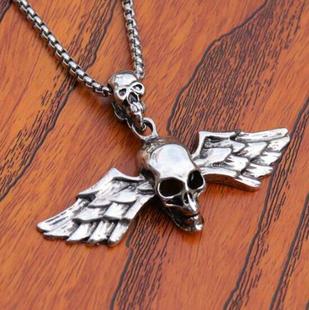 欧美个性复古天使翅膀骷髅头项链霸气钛钢敢死队吊坠嘻哈饰品