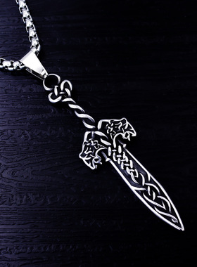 个性欧美吊坠不锈钢复古霸气双狼长剑项链男士外贸饰品