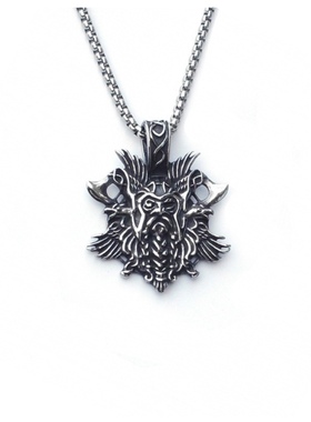 北欧神话新款维京奥丁面部带双斧头造型复古个性吊坠项链潮配饰