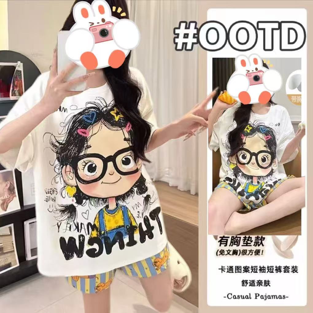 睡衣夏季2025新款少女卡通图案短袖两件套薄款可外穿带胸垫家居服