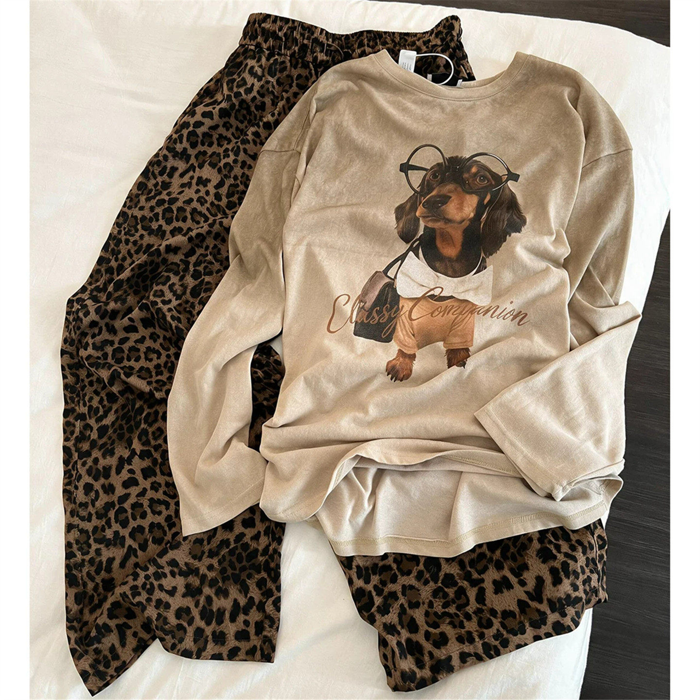 长袖长裤休闲松弛感居家服秋季女款外穿美式复古狗狗印花睡衣套装