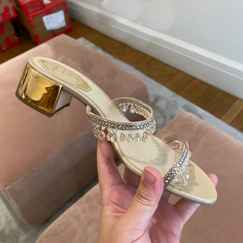 2025女夏季新款水钻一字带凉鞋粗跟仙女风水晶露趾凉拖鞋中跟外穿,女鞋,一字带凉鞋,淘宝优惠券,粉丝福利购,淘宝优惠卷