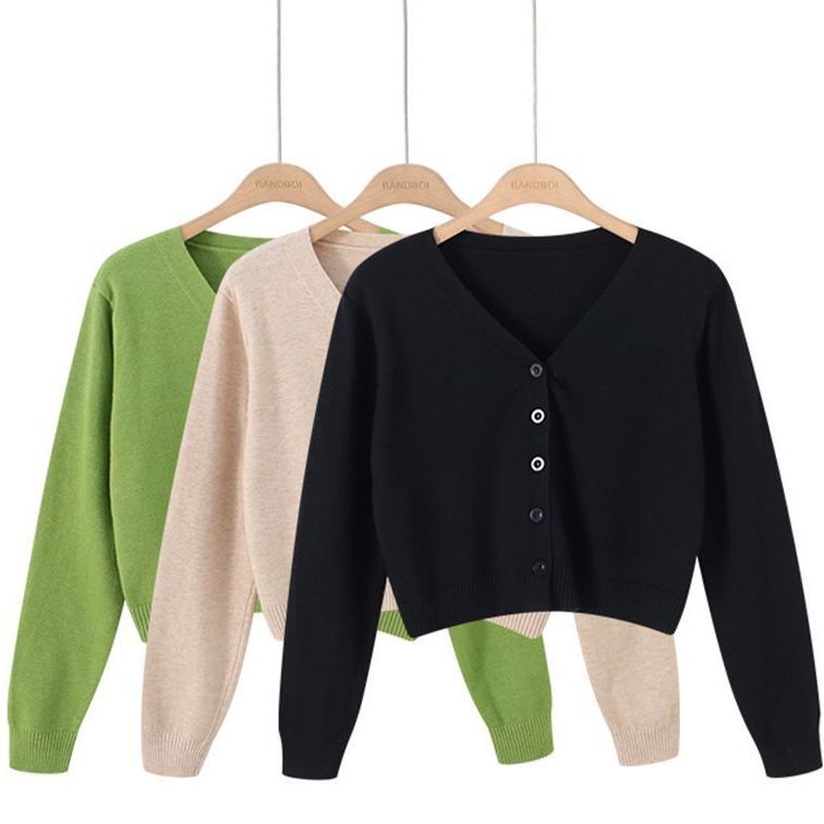 针织开衫女春夏长袖V领短款上衣