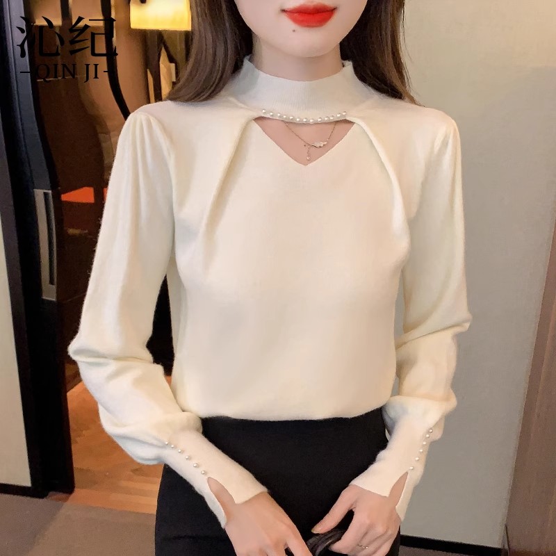 红色挂脖半高领针织衫长袖女春秋冬季毛衣泡泡袖洋气修身显瘦上衣