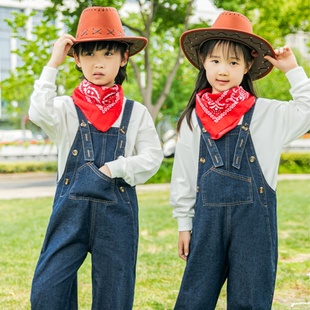 小学生表演服幼儿园花童舞蹈服男女 儿童演出服牛仔很忙背带裤 套装