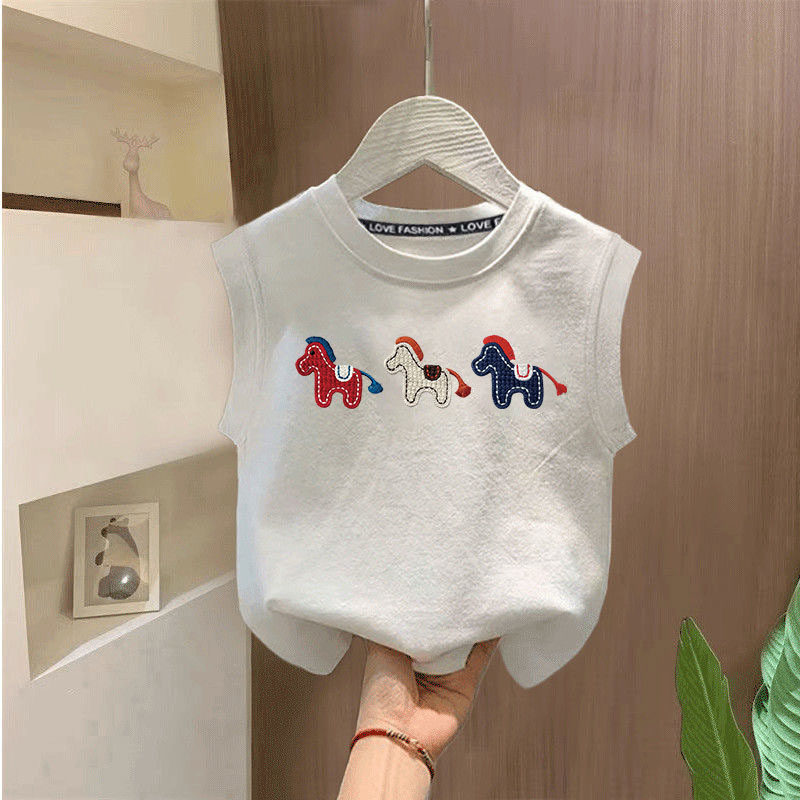 夏季儿童纯棉无袖背心男童纯棉短袖T恤男女宝宝宽松透气印花上衣