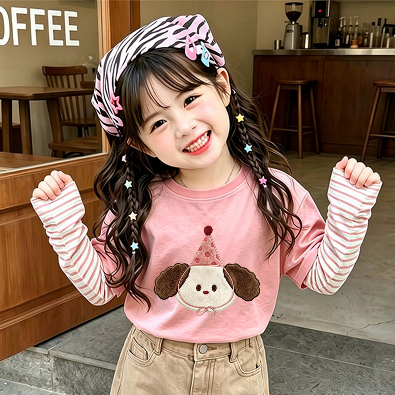 春秋季儿童假两件长袖T恤女童洋气纯棉上衣中大童百搭条纹打底衫