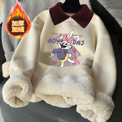女童加绒卫衣儿童秋冬季羊羔绒加厚卫衣中大童宽松保暖外穿上衣潮