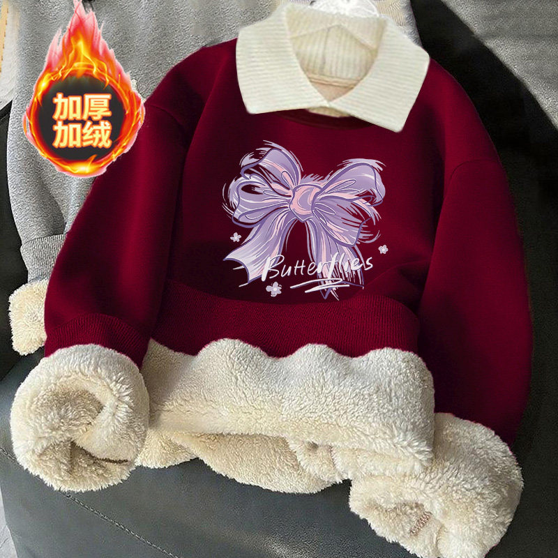 女童加绒卫衣儿童秋冬季羊羔绒加厚卫衣中大童宽松保暖外穿上衣潮