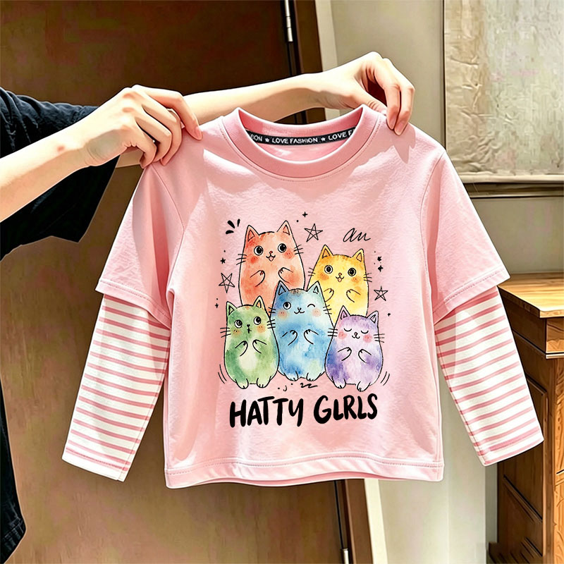 秋季新款儿童纯棉长袖T恤女童洋气假两件打底衫宝宝可爱卡通上衣