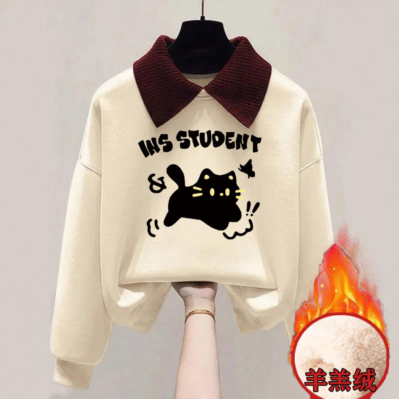 儿童秋冬衣服加绒加厚女童卫衣羊羔绒童装保暖上衣中大童宽松卫衣