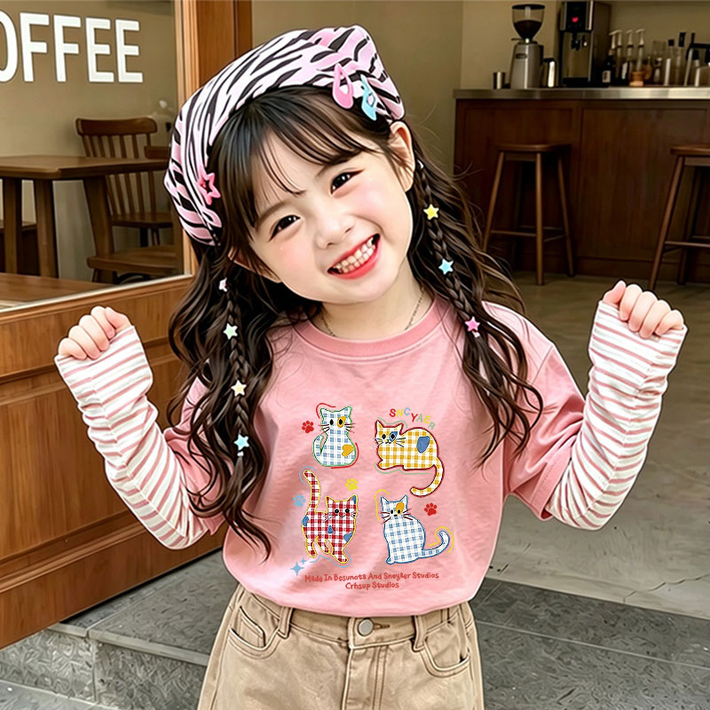春秋季儿童假两件长袖T恤女童洋气纯棉上衣中大童百搭条纹打底衫