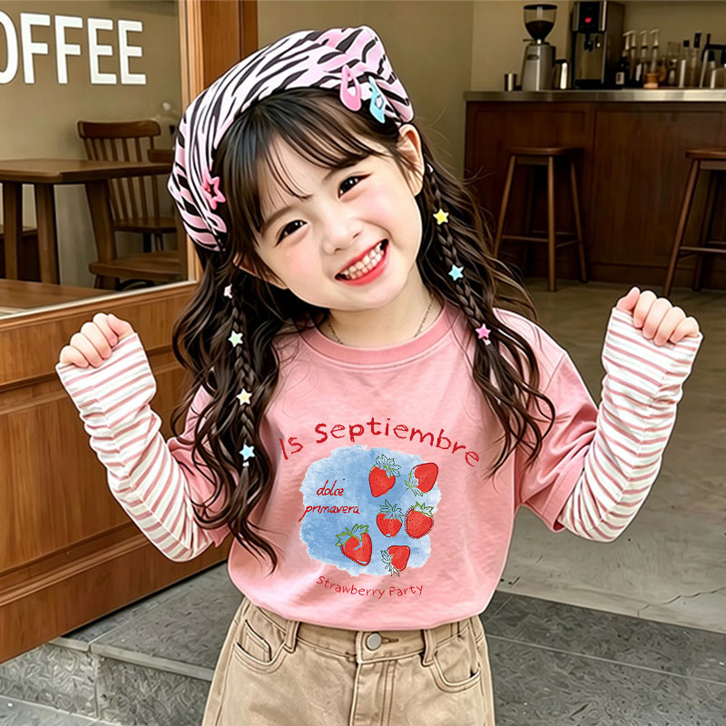 春秋季儿童假两件长袖T恤女童洋气纯棉上衣中大童百搭条纹打底衫