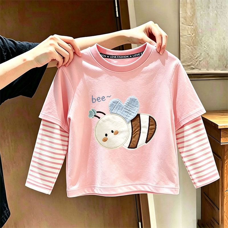 秋季纯棉女童长袖T恤儿童卡通假两件上衣女孩宝宝可爱洋气打底衫