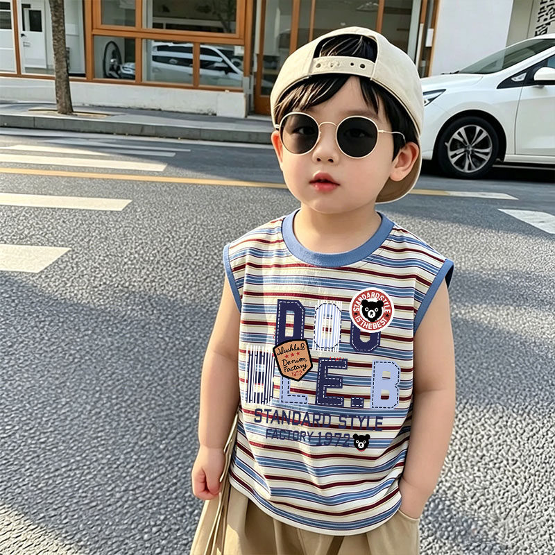 夏季新款儿童条纹T恤冰丝凉感男童无袖背心宝宝卡通可爱宽松上衣