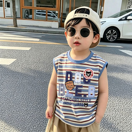 夏季新款儿童条纹T恤冰丝凉感男童无袖背心宝宝卡通可爱宽松上衣