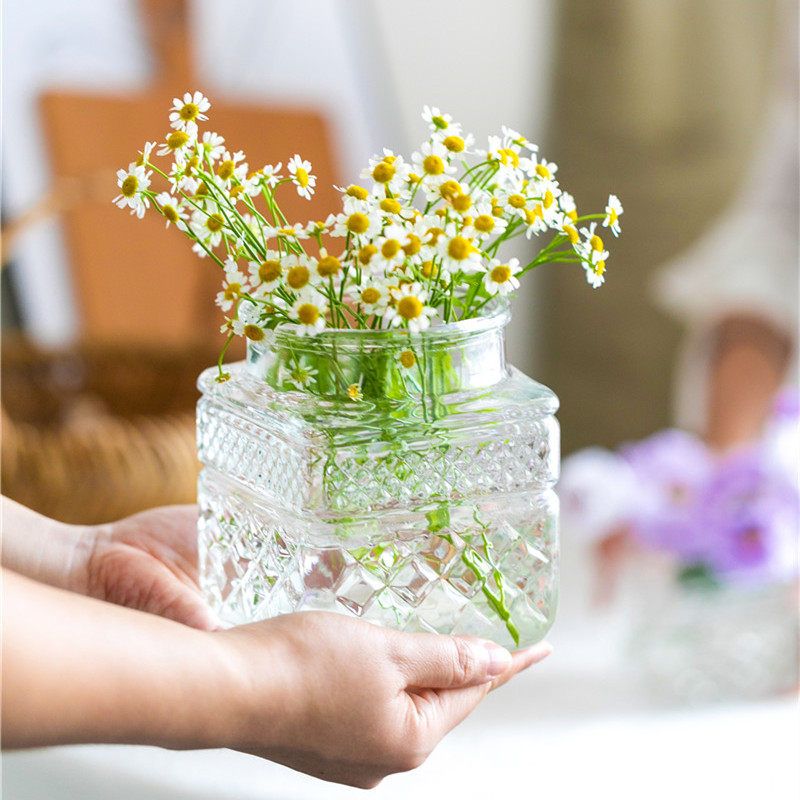 花时间 甜典 美式浮雕刻花方形大口桌面摆件玻璃花瓶水养植物瓶 花时间日系花瓶店 淘优券