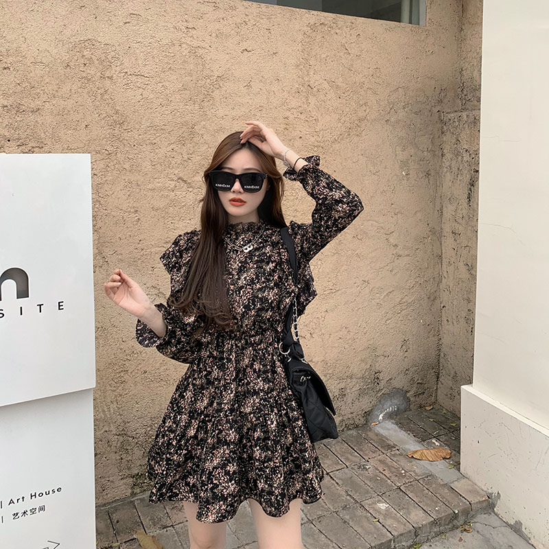 Real price! Winter fashion temperament flounced floral A-line skirt loose medium length dress female 871