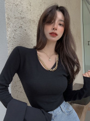 Real price! Sexy V-neck chain long sleeve T-shirt for women design