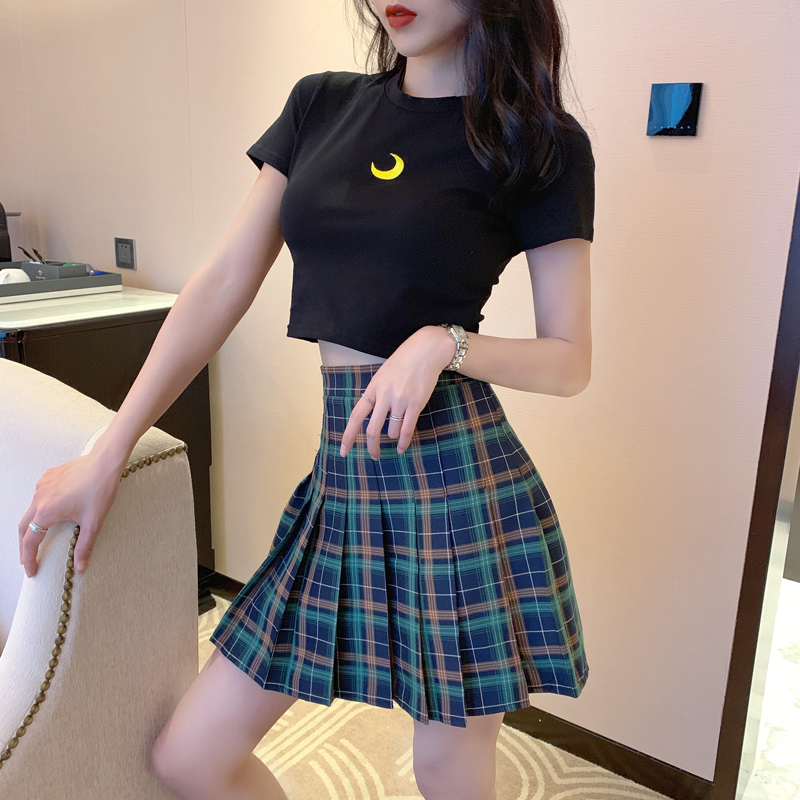 實拍實價！網紅t恤女短款+高腰顯瘦格子百褶裙褲套裝女