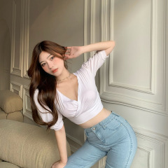 Real price! Cross V-neck pleated short sleeve slim solid T-shirt women's short high waist navel top fashion 1072