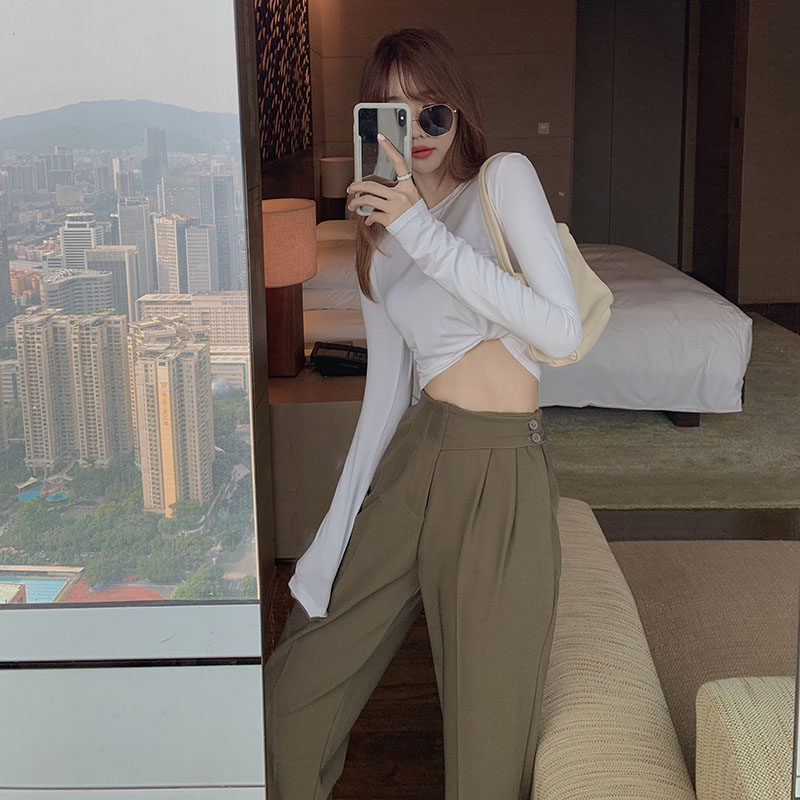 Real price slant button pipe pants autumn high waist straight tube Capris loose and versatile casual pants for women
