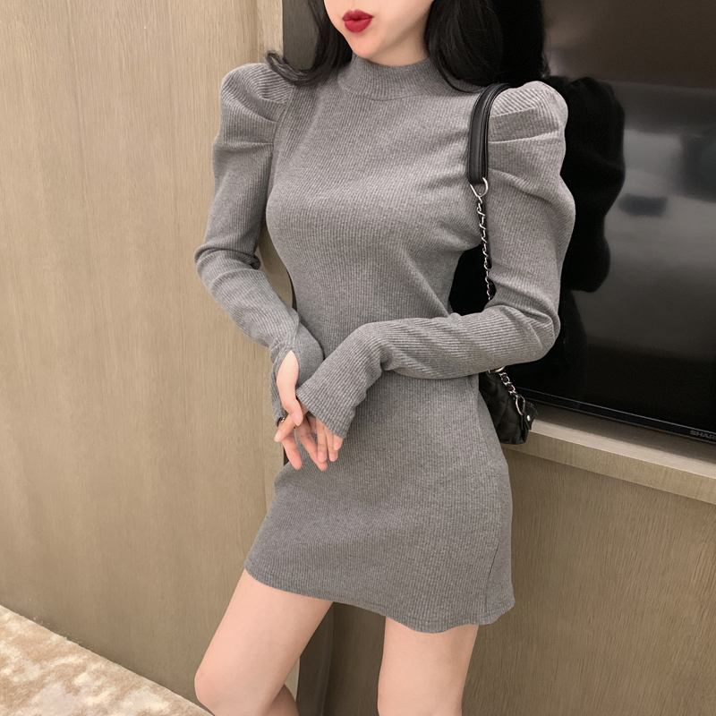 Real price! Sexy slim dress with half high collar and long sleeves