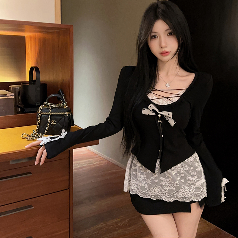 实拍实价！甜辣假两件蕾丝拼接T恤女秋季纯欲蝴蝶结修身上衣2906