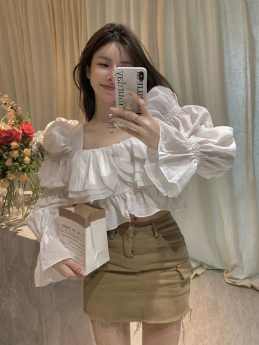 Real shot!  Waist slimming versatile top with ruffled square collar chiffon pleated puff sleeve top for women 2424