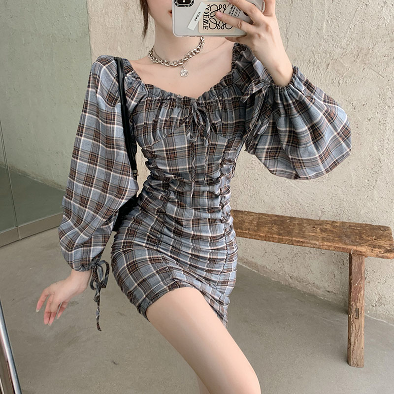 Real price! Hong Kong Style drawstring lace up sexy off shoulder Plaid Dress