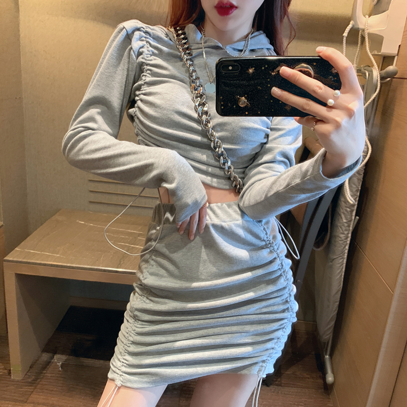 Real price! Sexy short Hoodie drawstring sanitary dress + high waist drawstring skirt autumn winter suit