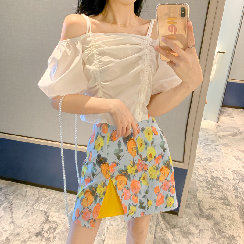 Real price! Square neck drawstring short short sleeve shirt + elegant style broken floral fork skirt cover