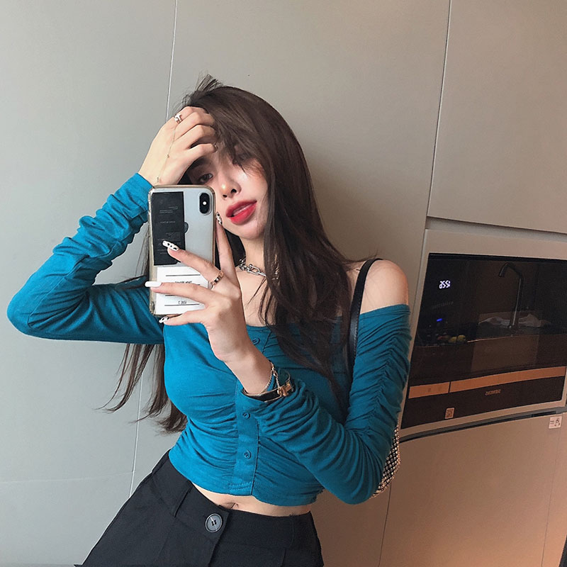 Real price! Solid pleated one line collar single breasted long sleeve short bottomed shirt slim T-shirt