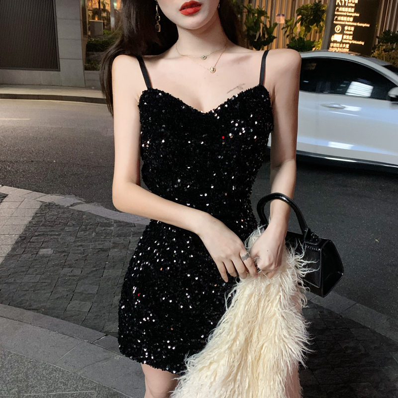 Real price! Small Sequin suspender dress for women 2019 new small black dress wrapped sexy dress