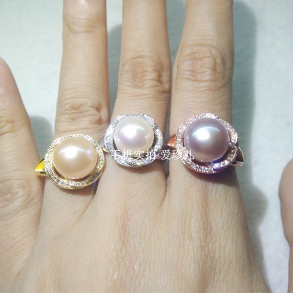 爱珍儿 花朵镶钻天然面包圆天然珍珠玫瑰金纯银戒指开口可调节N