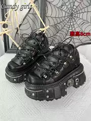 Vintage Spanish dark low leather shoes Spice Girls punk style rock shoes metal studs street shoot muffin thick bottom shoes