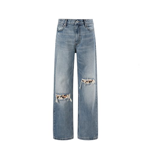 Juice WRLD新款豹纹水洗破坏刺绣直筒牛仔裤