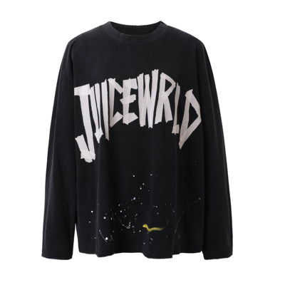 Juice Wrld 洗做旧胶带印花泼墨长袖T恤 男女同款
