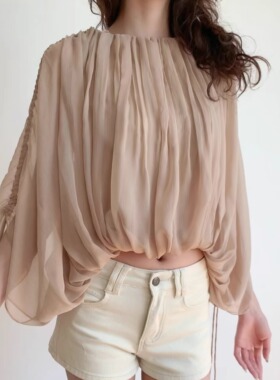 RUIER-风也温柔防晒定染裸粉色蝙蝠袖抽绳知性少女夏天小众上衣女