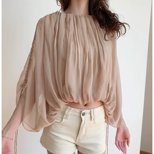 RUIER-风也温柔防晒定染裸粉色蝙蝠袖抽绳知性少女夏天小众上衣女