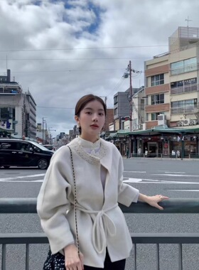 RUIER-绵羊绒新中式领秋冬不规则绑带慵懒风开衫双面毛呢外套大衣