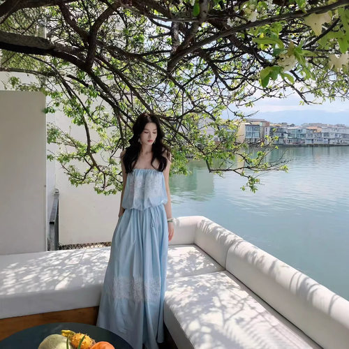 26春夏法式绣花抹胸碎褶连衣裙