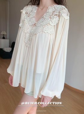 RUIER-古早美人中gu款che定染仿真丝细褶优雅水袖上衣松弛感衬衫