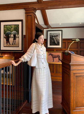 RUIER-100%羊毛水溶高版本定制法式复古镂空针织开衫女毛衣长半裙