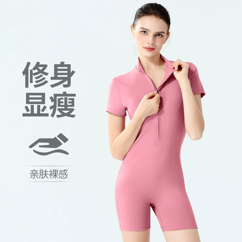 裸感拉链瑜伽连体衣带胸垫显瘦女