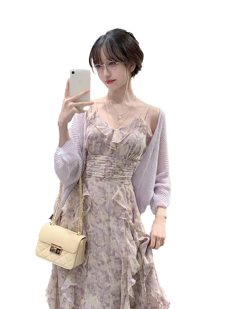 夏季女桔梗法式长裙高级感紫色开衫配吊带碎花连衣裙子小香风套装