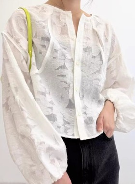 日本贵牌 新款 EMMEL REFINES提花2wy薄上衣小短外套衬衫